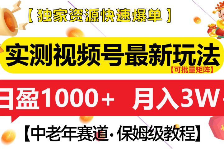 实测视频号最新玩法 中老年赛道独家资源快速爆单  可批量矩阵 日盈1000+  月入3W+  附保姆级教程爱优网赚-网创项目资源站-副业项目-创业项目-搞钱项目爱优网赚