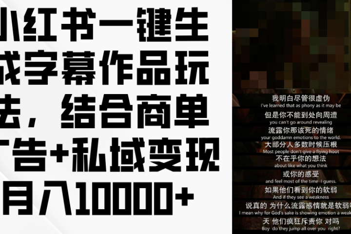 小红书一键生成字幕作品玩法，结合商单广告+私域变现月入10000+爱优网赚-网创项目资源站-副业项目-创业项目-搞钱项目爱优网赚