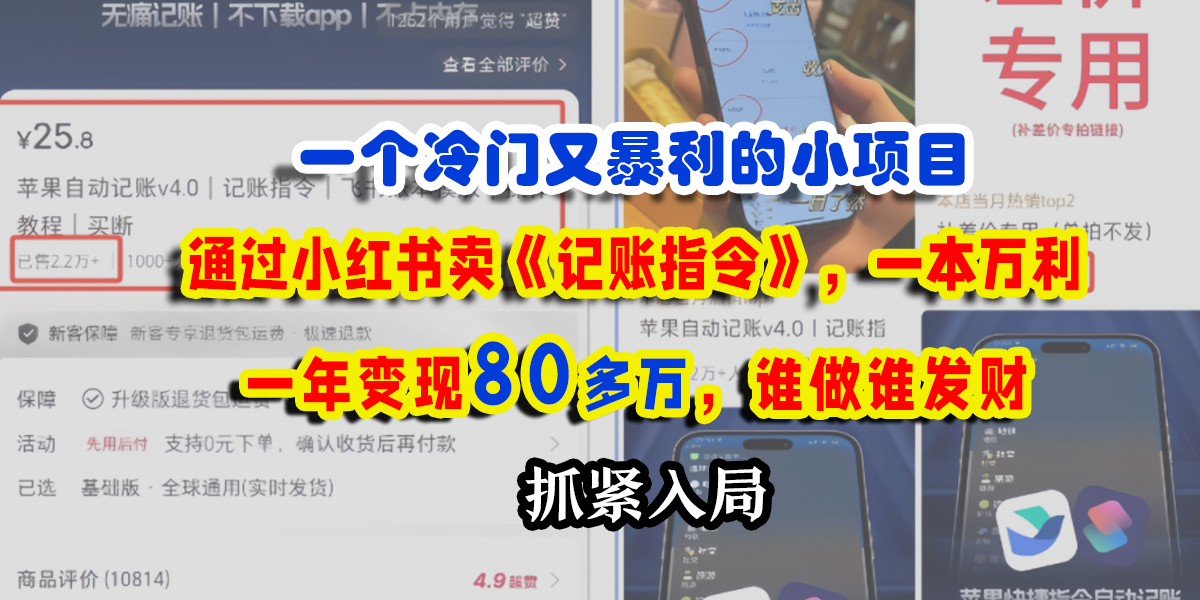 一个冷门又暴利的小项目，通过小红书卖《记账指令》，一本万利，一年变现80多万，谁做谁发财爱优网赚-网创项目资源站-副业项目-创业项目-搞钱项目爱优网赚