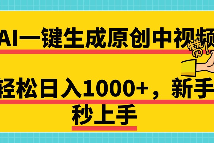 免费无限制，AI一键生成原创中视频，新手小白轻松日入1000+，超简单，可矩阵，可发全平台爱优网赚-网创项目资源站-副业项目-创业项目-搞钱项目爱优网赚