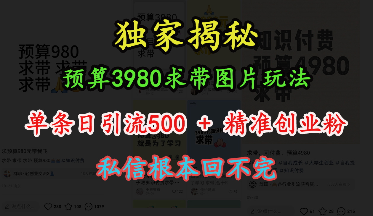 图片[1]爱优网赚-网创项目资源站-副业项目-创业项目-搞钱项目“小红书”预算3980求带 图片玩法，单条日引流500+精准创业粉，私信根本回不完爱优网赚-网创项目资源站-副业项目-创业项目-搞钱项目爱优网赚