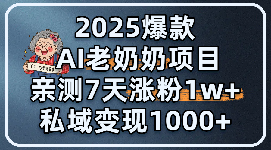 2025爆款 AI 老奶奶项目：亲测 7 天涨粉 1W+，私域变现 1000+爱优网赚-网创项目资源站-副业项目-创业项目-搞钱项目爱优网赚